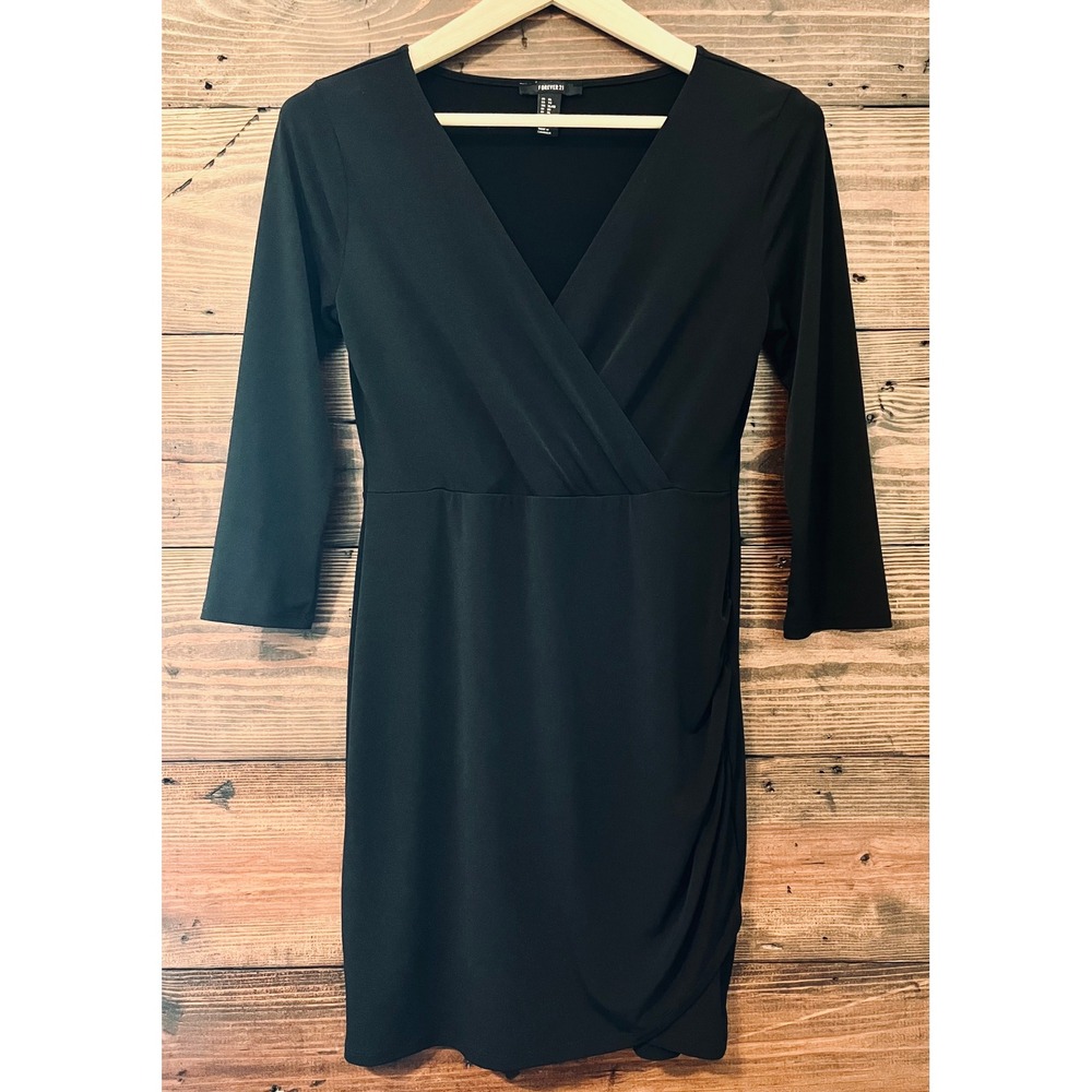 Forever 21 Surplice Mini Dress Women XL Black Ruched 3/4 Sleeve Sheath Classic